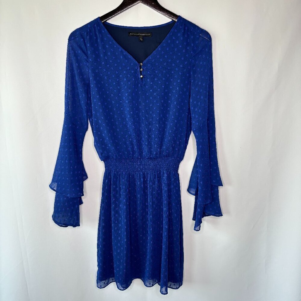 White House Black Market Women's Blue Ruffled Sleeve Mini Dress